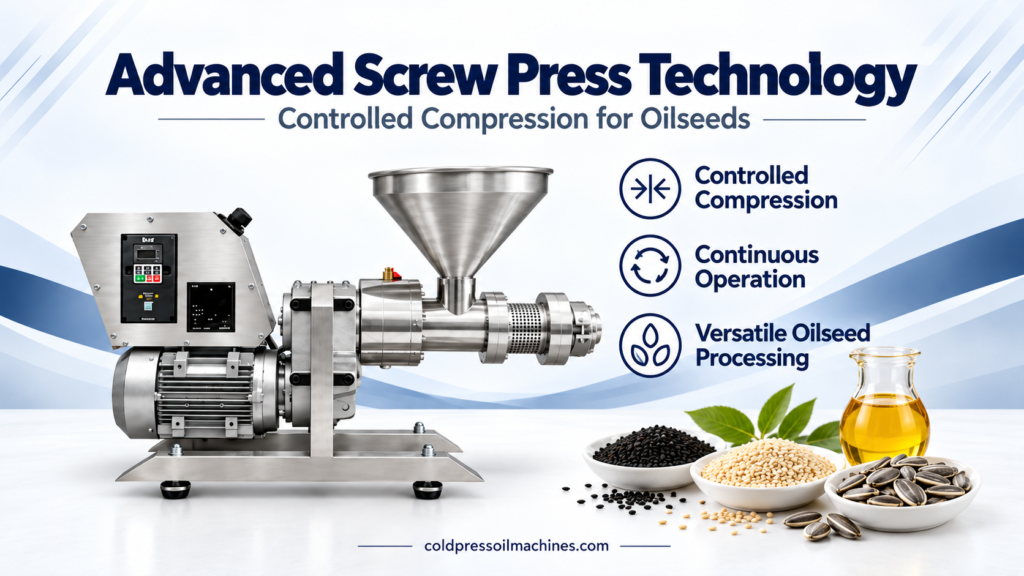 Advanced screw press technology for oilseeds with controlled compression and continuous operation