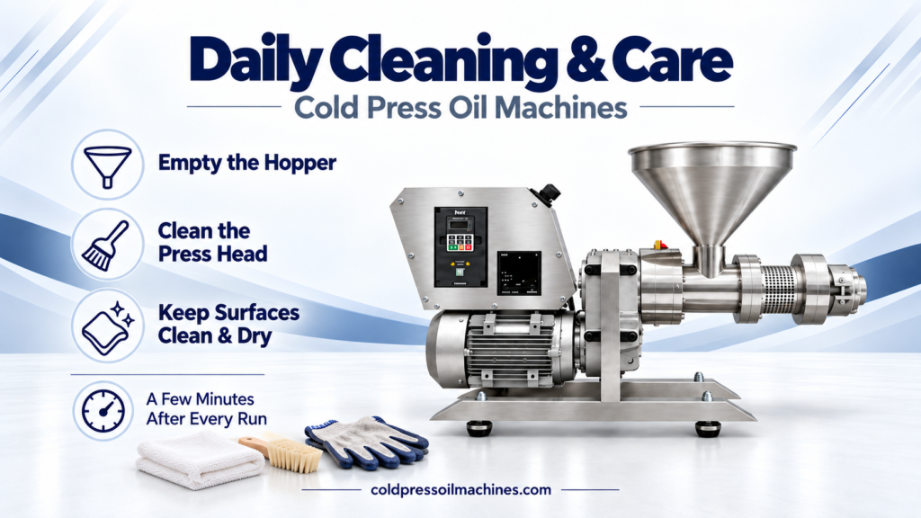 Daily cleaning and care of a cold press oil machine after every production run