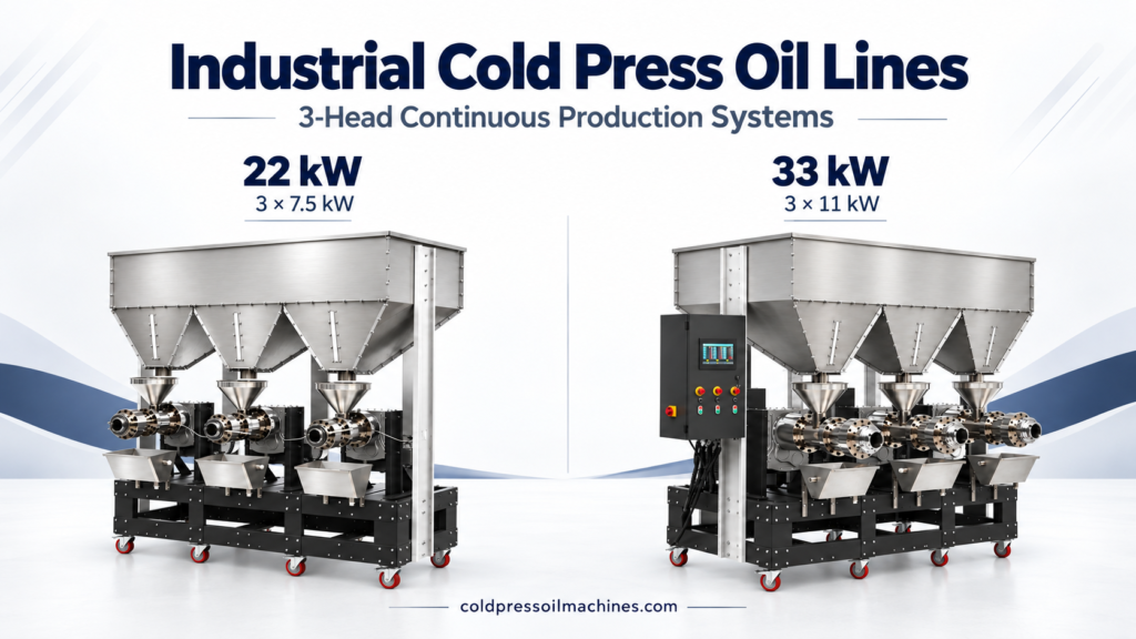 22 kW and 33 kW 3-head industrial cold press oil lines for continuous oil production