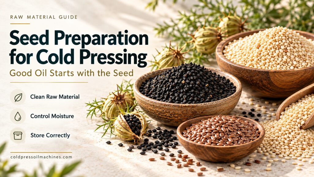 Seed preparation for cold press oil production with sesame and black seed